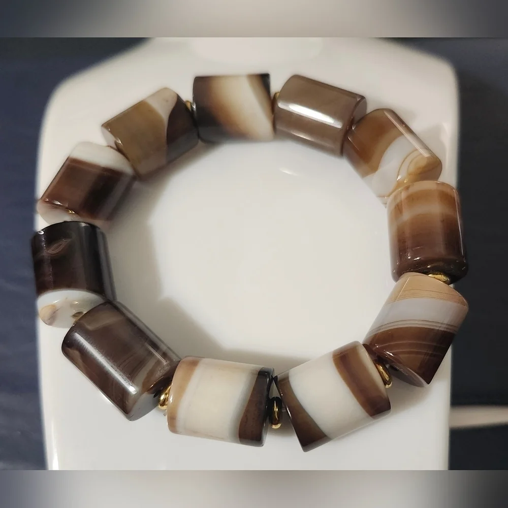 Vintage Style Tibetan Banded Agate Bead Bracelet . UNISEX